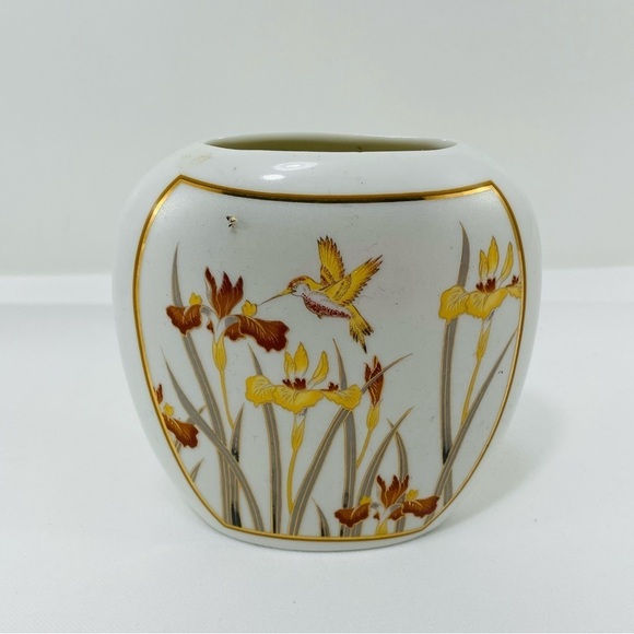Vintage Action Hummingbird Bird Flat Vase Japan Iris Flower Spring Round Short - Picture 8 of 12